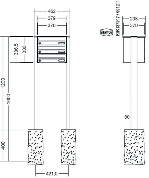 RENZ Briefkastenanlage freistehend, Basic B, Edelstahl V4A, Kastenformat 370x110x270mm, 3-teilig, zum Einbetonieren